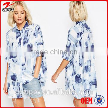 Blue Oversized Print new model woman blouse 2015