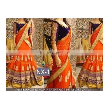 Glided Orange Georgette Designer Lehenga Saree/Shop Latest Lehenga Style Sarees