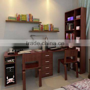 couple desktop laptop work desk with bookshelf