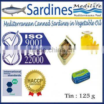 Mediterranean Canned Sardines in Vegetable Oil ,High Quality canned Sardines in Vegetable Oil 125 g