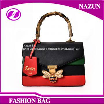 2017 New Design Color Match Beautiful Bamboo Handle Custom-made PU Leather Small Shoulder Ladies Bags Handbag