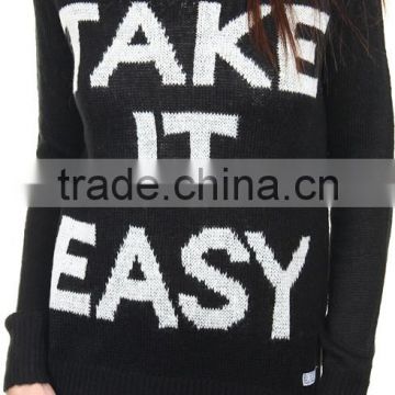 women's lightweight loose fitting black sweater with white printing for spring, women sweaters 2014