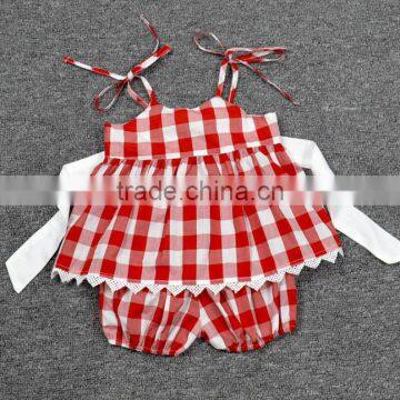 Lace Trims Summer Clothes With Bowknot Red Gingham Cotton Outfits Children Outfit