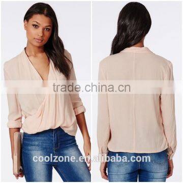 100% Polyester wrap over nude women blouse for middle aged women