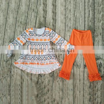 High Quality Soft Cotton Halloween Party Wear Boutique Outfit 2pcs Chevron Pumpkin Print Long Sleeve Clothes Set Wholesale Cheap