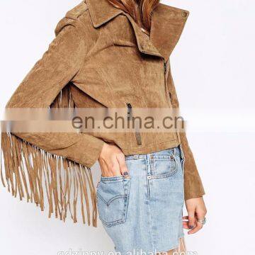 Asymmetric Zip Front With Fringing in Suede Biker Women Jacket photo-4