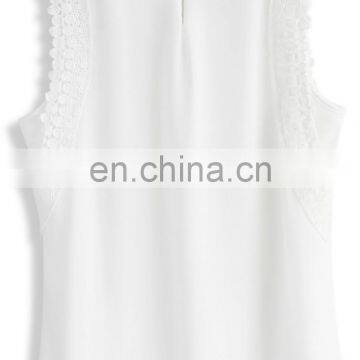 Women Slim Girl Sleeveless Chiffon Lace Pleats Posies White Top Blouse photo-2
