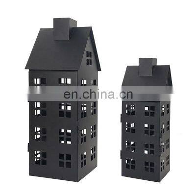 House-shaped Black Iron Decorative Indoor Outdoor Garden Candle Lantern for Crafts Decoration