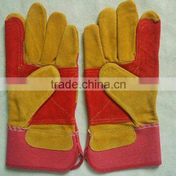 Reinforcement palm cow split leather working safety gloves, working leather gloves, gaozhou gloves