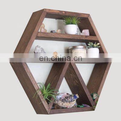 5 Tier Hexagonal Floating Shelves Wall Mounted Solid Wood Rustic Wall Shelf Furniture for Living Room