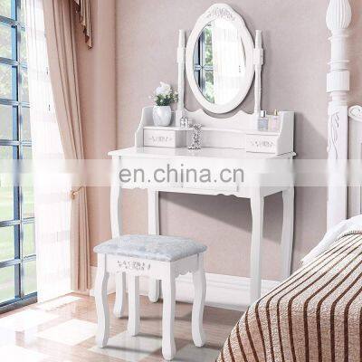 Cushioned Stool White Vanity 4 Drawers Mirrored dressing table