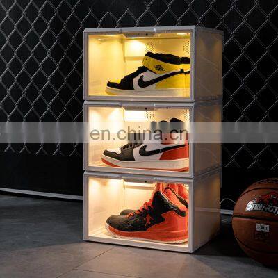 Magnetic custom side open sound control stackable shoe box led lights sterilization function led lights plastic shoe box