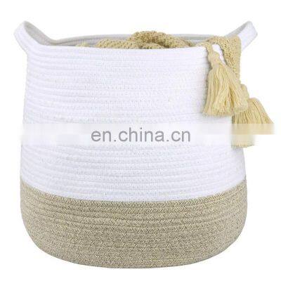 Hot Sell Woven Storage Basket With Handles Laundry Hamper Toy Towels Blanket Basket Woven Cotton Rope Basket
