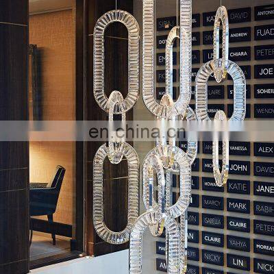 Decorative pendant hanging lighting dining room chrome k9 crystal modern rings chandelier for high ceilings