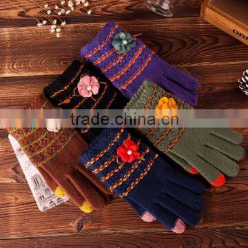 Flower winter gloves with velvet upset female warm gloves winter women's outdoor knitted gloves, Full Finger gloves