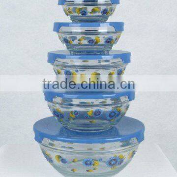 Glass bowl set with handed flower decal,tableware