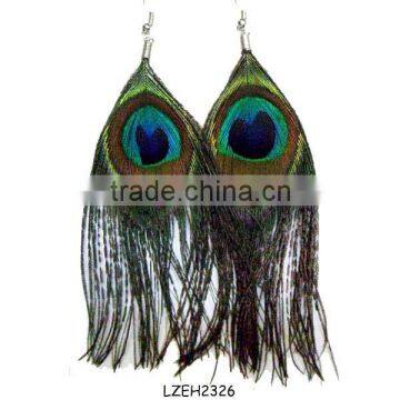 Long Natural Peacock Feather Dangling Earrings
