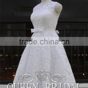 Newest Style Sleeveless Appliqued Sash Patterns Of Lace Tea Length Wedding Dresses photo-6