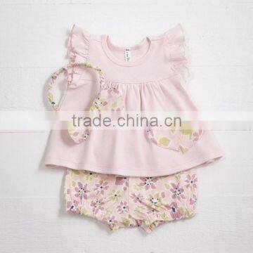 Floral Cotton Baby girl top and pants flutter top and bubble shorts set with headband 3pc set