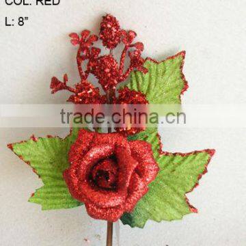 2014 Fresh Artificial Christmas Red Flower Pick 8" Artificial Rose Flower With Berries And Leaf