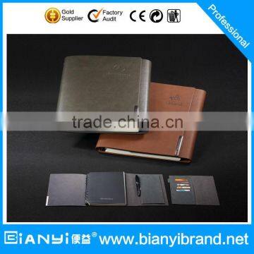 High quality PU Notebook, side binding notebook with book mark and pocket, embossed notebook