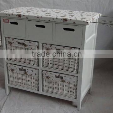 Painting Cabinet Living Room White panited paulownia wood ironing cabinet with 3 drawers 4 white willow baskets