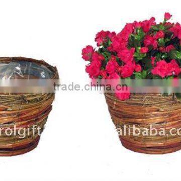 Fern and Yellow Rattan Round planter- Round flower pot - Fern and Yellow Rattan plant container