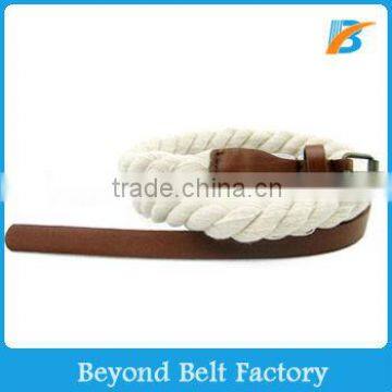 Ladies' Raw White Cotton Rope Woven Dress Belt with PU Leather Tab