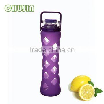 popular style glass drinking bottle with silicone sleeve and PP lid and straw