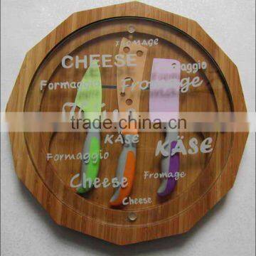 cheese kinfe set 3 with glass board and bamboo box