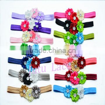 14Colors fancy plastic drill flower headbands - pearl center chiffon flowers bands- rhinestone center flower elastic hairbands