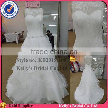 new arrival see-through lace neck layered organza ruffle wedding dress (KB2015-105)