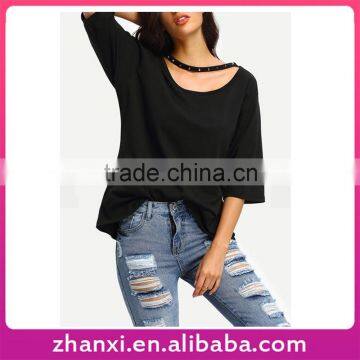 Summer sexy loose short sleeve rivet big lady cotton t-shirt