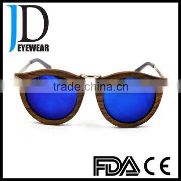 Hipster style old color natural solid wood round sunglasses with blue lens