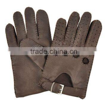 Top Luxury Buckle Hand Sewing Breathable Driving Gloves Dark Brown Deerskin Leather Gloves for Men photo-6