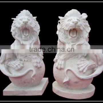 Carved Marble Lion Sculpture With Ball Base