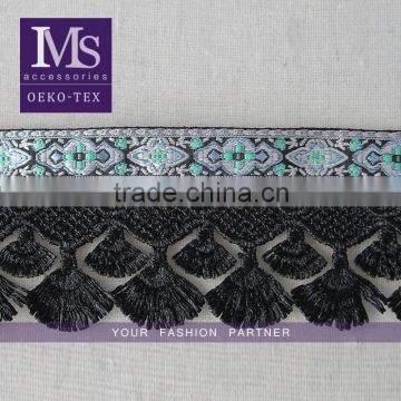 Wholesale 5.7cm scalloped shaped fringe trimming, Black tassel fringe, high-grade jacquard ribbon