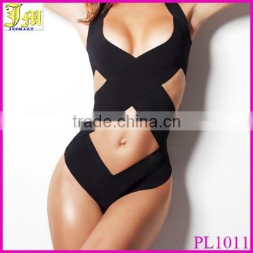 2015 Hot Sex Black Bandage Strappy Bikini Sexy One Piece Swimwear Women Swimsuit Bathing Suit Front Wrap XL