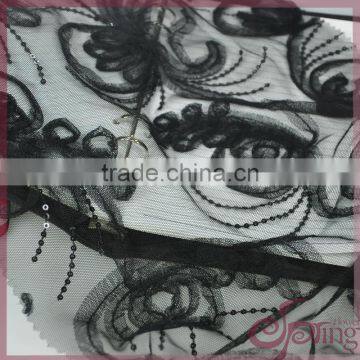 Black lace ribbon coiling french lace fabric, elegant sequin fabric for dress