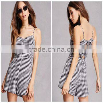 Fashion Spaghetti Straps Sleeveless Lush Gingham Tie-Back Sexy Womens Romper