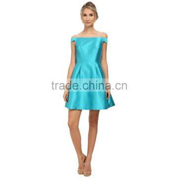 one-line shoulder plain blue short bridesmaid dress with zipper