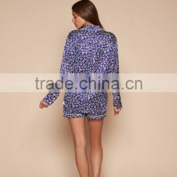 Customized New Look Pyjamas Set Pattern Printing Silk Pajamas Women Sleepwear Long Sleeve Piping Pocket With Short Pants photo-3