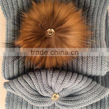 Myfur Women Baby Blue Striped Wool Scarf With Natural Raccoon Fur Balls photo-4