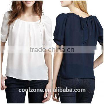 Latest Pleated Neck Puffed Shoulders Silk Blouse Elegant Silk Blouses Models photo-1