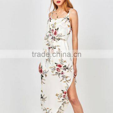 Slip Floral Printed Drawstring Waist Asymmetric Chiffon Women Dress photo-2