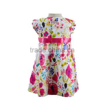 Flower Printed With Bow Flutter Sleeves Baby Girl Party Dress photo-2