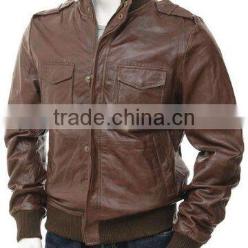 Men's Brown Leather Bomber Jacket: