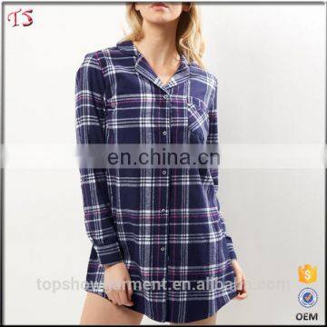 New arrivals wholesale blue oversize check shirt 100% cotton sleep shirt sexy women nightshirt