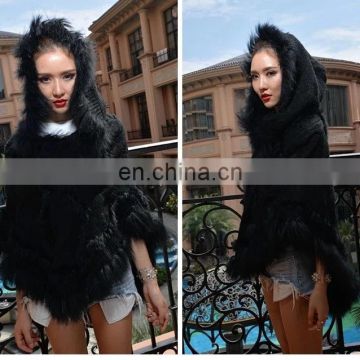 Latest fashion lady garments pullover raccoon fur rabbit fur knitted shawl cape