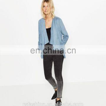 Light Blue Casual Suede Lapel Jacket , Artificial Schammy Jacket photo-2